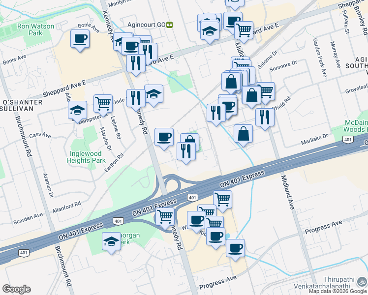 map of restaurants, bars, coffee shops, grocery stores, and more near 315 Village Green Square in Toronto