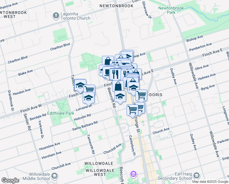 map of restaurants, bars, coffee shops, grocery stores, and more near 503 Beecroft Road in Toronto