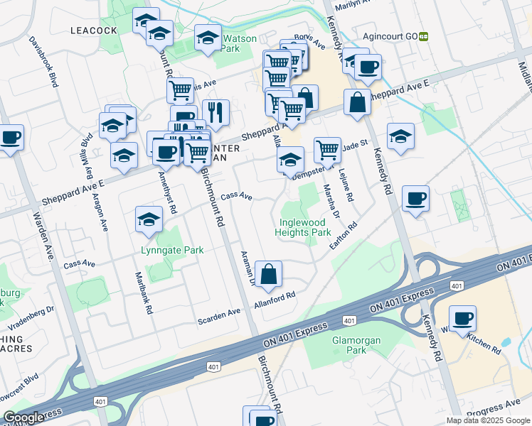map of restaurants, bars, coffee shops, grocery stores, and more near in Toronto