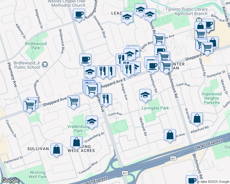 map of restaurants, bars, coffee shops, grocery stores, and more near 3463 Sheppard Avenue East in Toronto