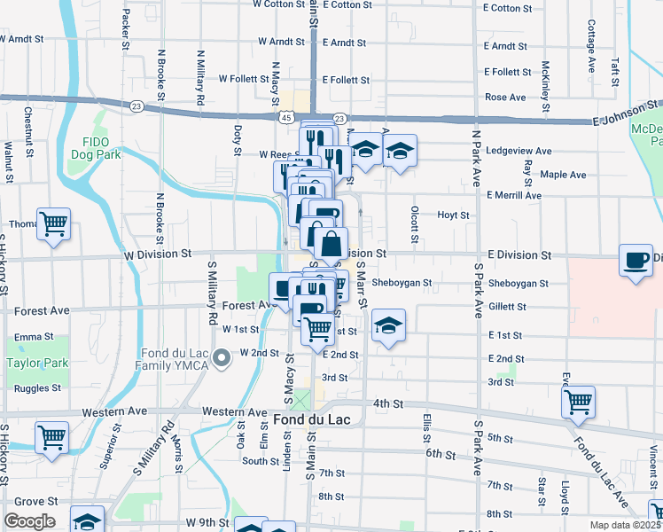 map of restaurants, bars, coffee shops, grocery stores, and more near 1 North Main Street in Fond du Lac
