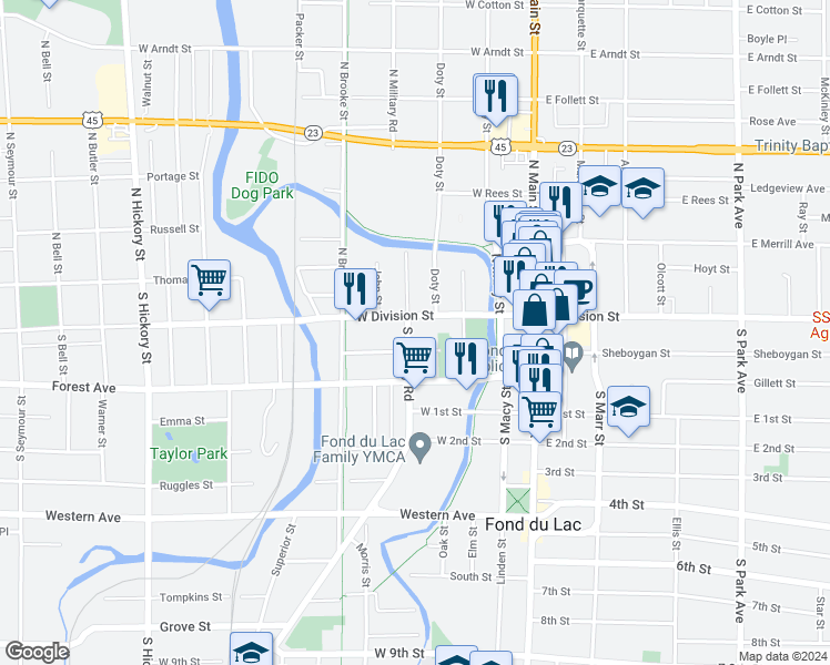 map of restaurants, bars, coffee shops, grocery stores, and more near 117 West Division Street in Fond du Lac