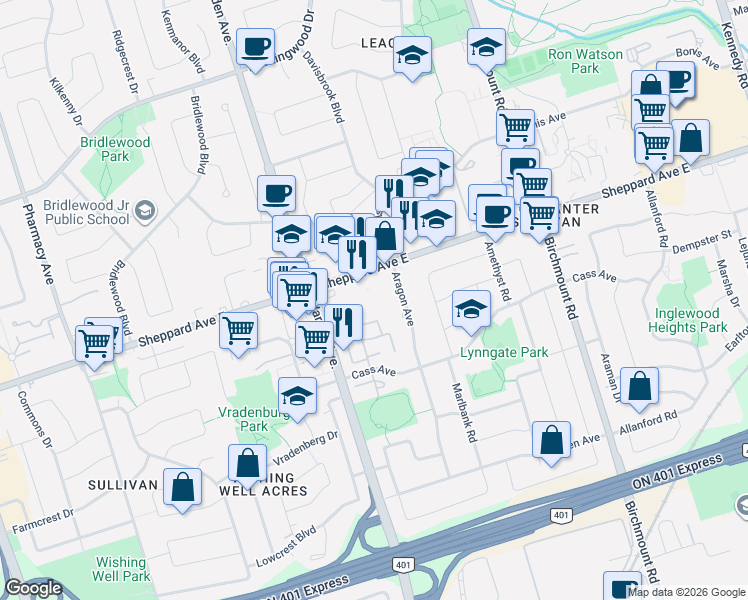 map of restaurants, bars, coffee shops, grocery stores, and more near 3427 Sheppard Avenue East in Toronto