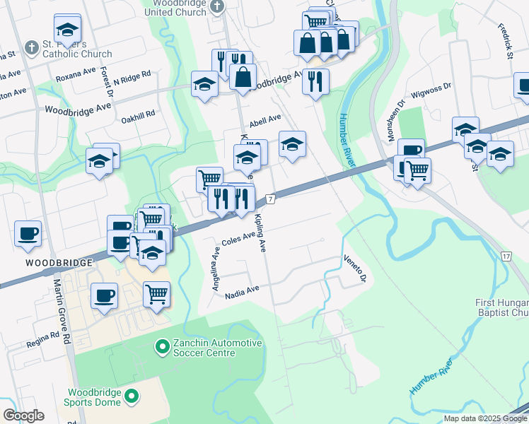 map of restaurants, bars, coffee shops, grocery stores, and more near 5241 Highway 7 in Vaughan