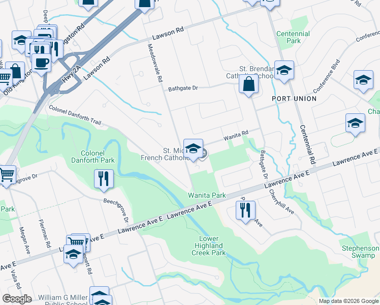 map of restaurants, bars, coffee shops, grocery stores, and more near 5 Wanita Road in Toronto