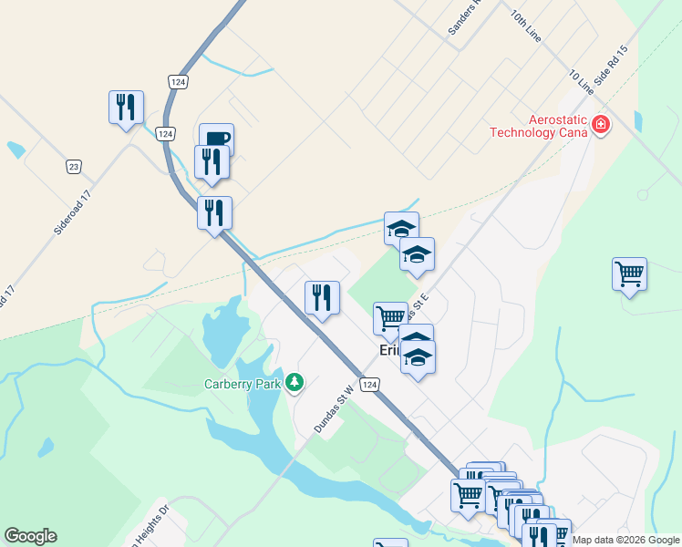 map of restaurants, bars, coffee shops, grocery stores, and more near 12 Pine Street in Erin