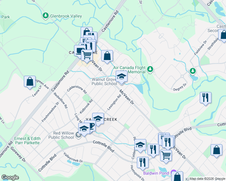 map of restaurants, bars, coffee shops, grocery stores, and more near 43 Bluffwood Crescent in Brampton