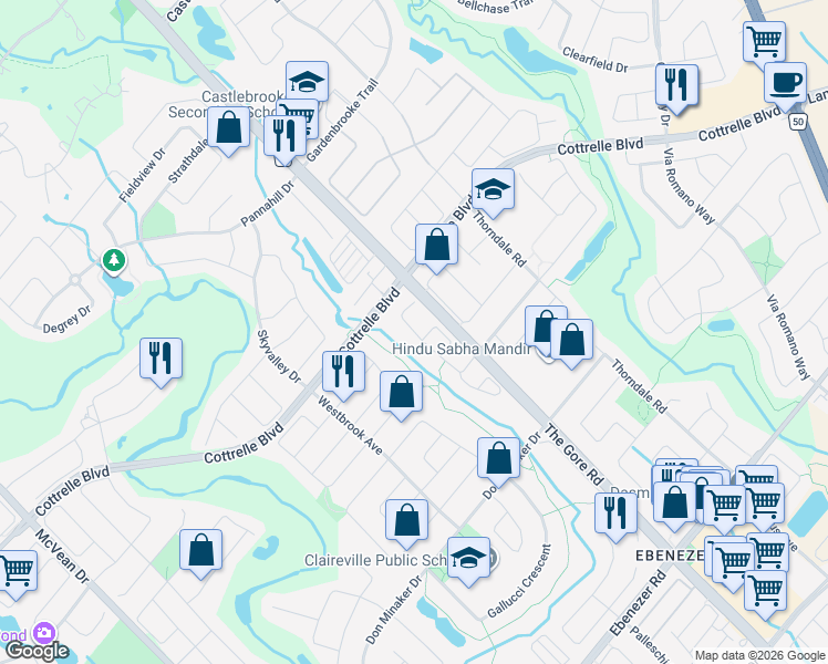 map of restaurants, bars, coffee shops, grocery stores, and more near Eastview Gate in Brampton