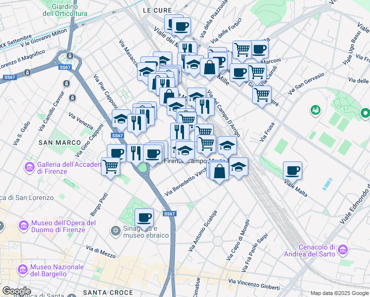 map of restaurants, bars, coffee shops, grocery stores, and more near 34 Via Giambologna in Firenze