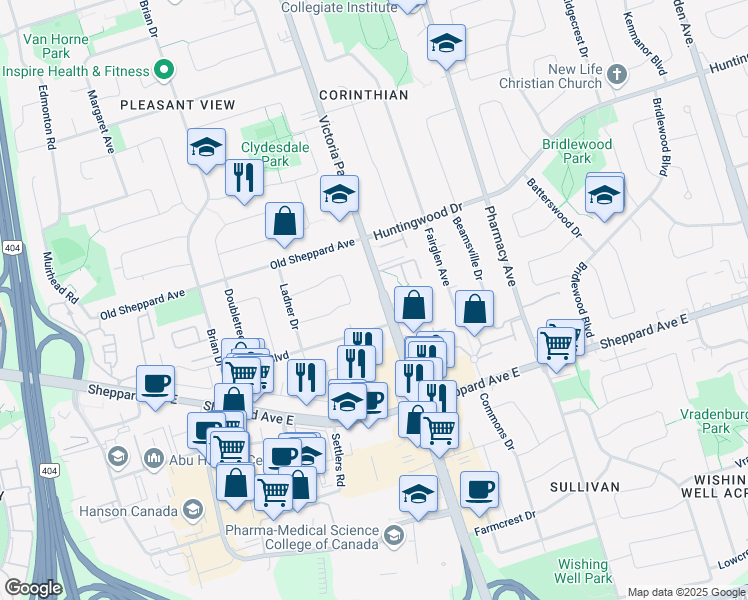 map of restaurants, bars, coffee shops, grocery stores, and more near 2747 Victoria Park Avenue in Toronto