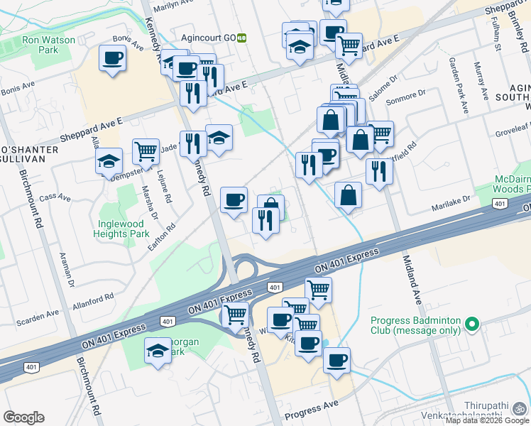 map of restaurants, bars, coffee shops, grocery stores, and more near 163 Village Green Square in Toronto