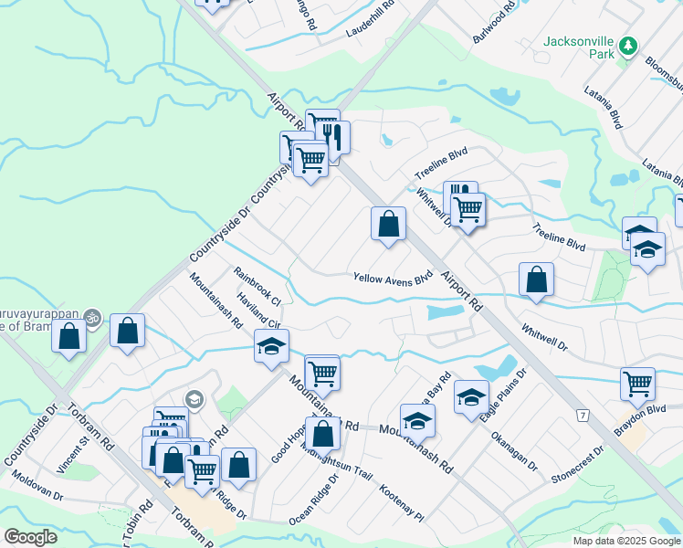 map of restaurants, bars, coffee shops, grocery stores, and more near Yellow Avens Boulevard in Brampton