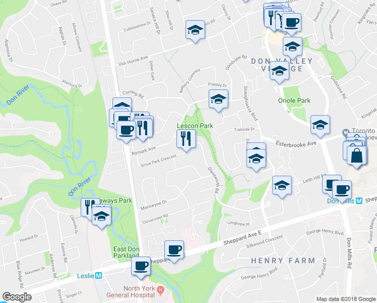 map of restaurants, bars, coffee shops, grocery stores, and more near 64 Grove Park Crescent in Toronto