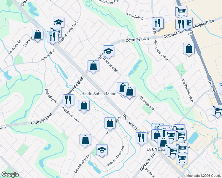 map of restaurants, bars, coffee shops, grocery stores, and more near 5 Eastbrook Way in Brampton