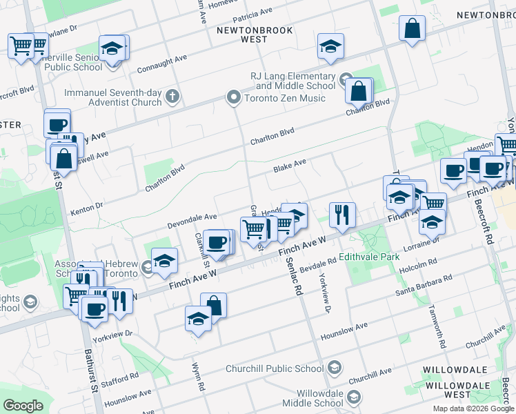 map of restaurants, bars, coffee shops, grocery stores, and more near 37 Grantbrook Street in Toronto