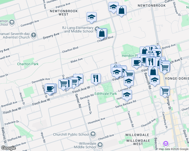 map of restaurants, bars, coffee shops, grocery stores, and more near 63 Routliffe Lane in Toronto