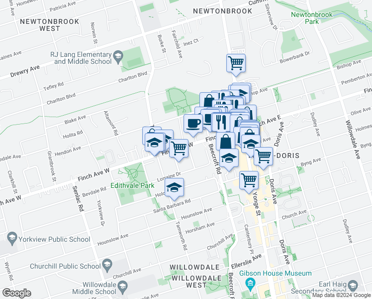 map of restaurants, bars, coffee shops, grocery stores, and more near in Toronto