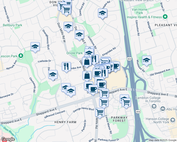 map of restaurants, bars, coffee shops, grocery stores, and more near in Toronto