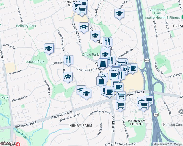 map of restaurants, bars, coffee shops, grocery stores, and more near 30 Esterbrooke Avenue in Toronto