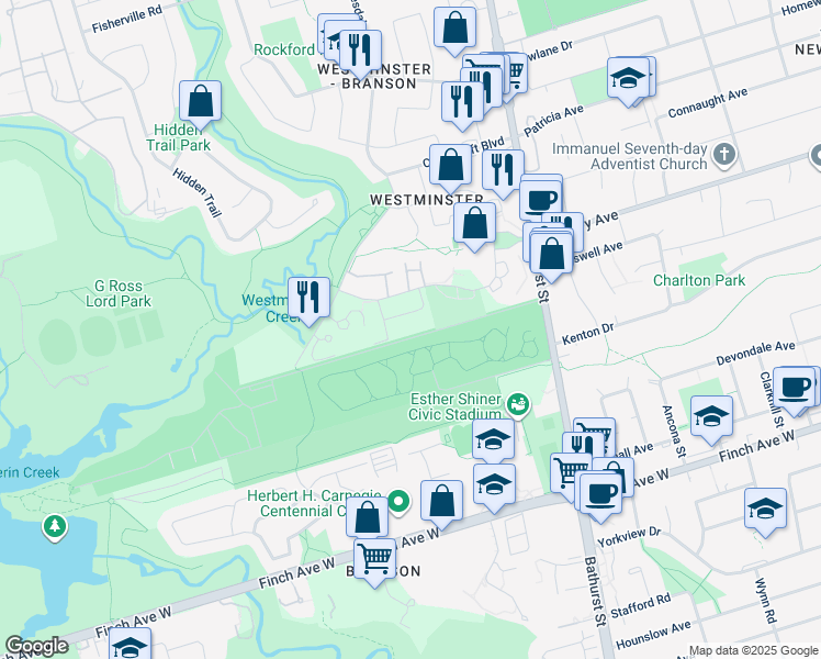 map of restaurants, bars, coffee shops, grocery stores, and more near in Toronto
