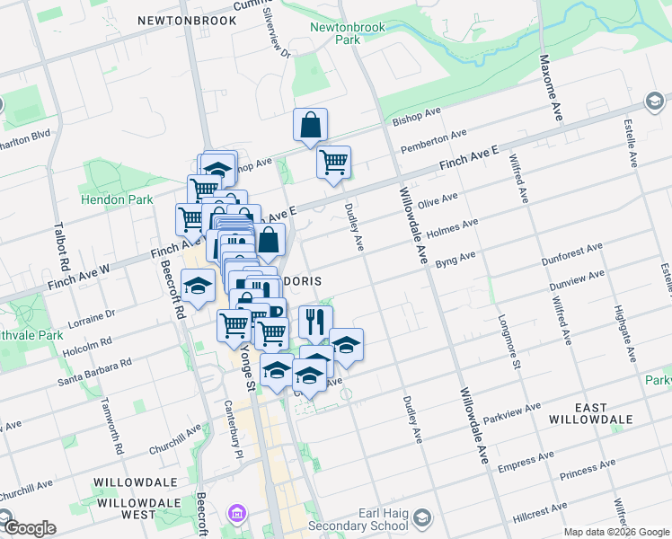 map of restaurants, bars, coffee shops, grocery stores, and more near 67 Holmes Avenue in Toronto