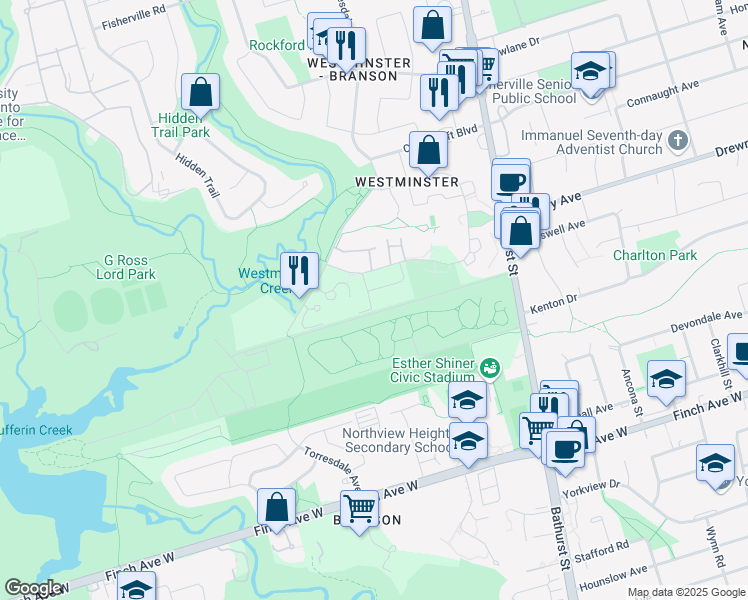 map of restaurants, bars, coffee shops, grocery stores, and more near 19 Coneflower Crescent in Toronto