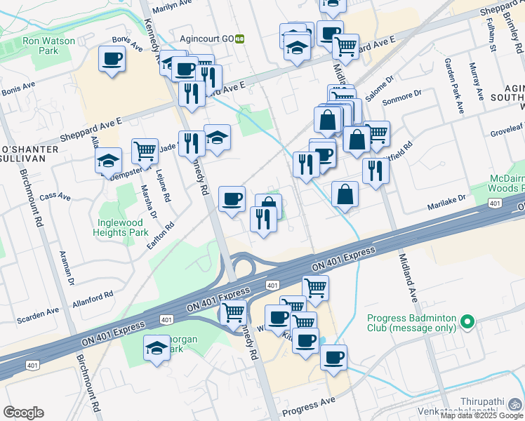 map of restaurants, bars, coffee shops, grocery stores, and more near 147 Village Green Square in Toronto