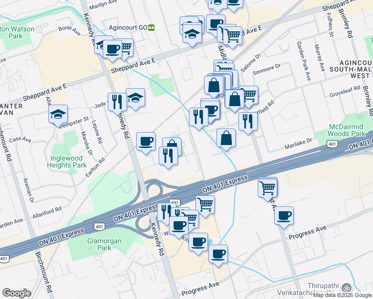 map of restaurants, bars, coffee shops, grocery stores, and more near 151 Village Green Square in Toronto