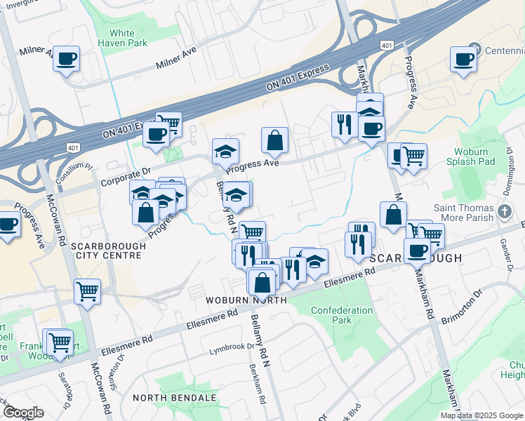 map of restaurants, bars, coffee shops, grocery stores, and more near in Toronto