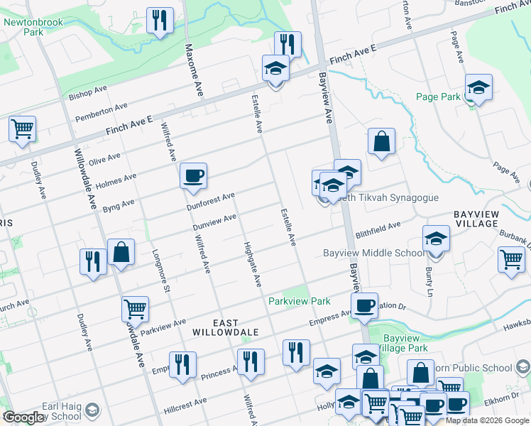 map of restaurants, bars, coffee shops, grocery stores, and more near 287 Dunview Avenue in Toronto