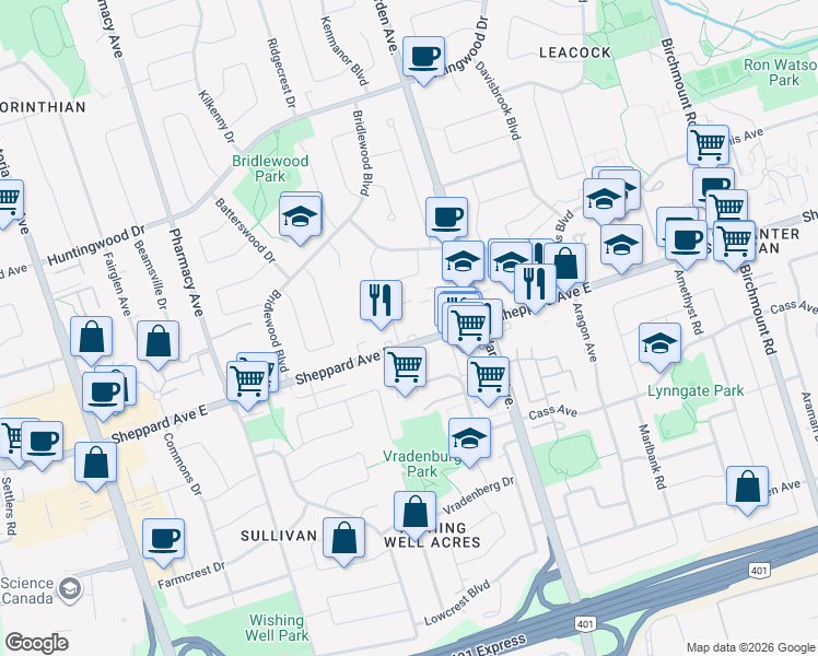 map of restaurants, bars, coffee shops, grocery stores, and more near 3260 Sheppard Avenue East in Toronto