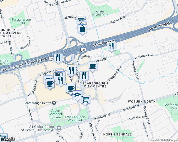 map of restaurants, bars, coffee shops, grocery stores, and more near 300 Consilium Place in Toronto