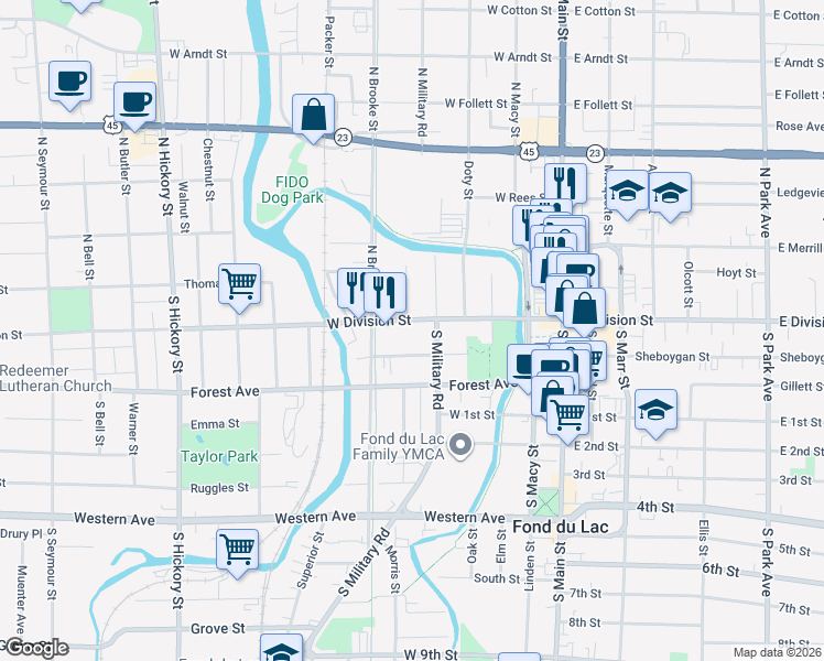 map of restaurants, bars, coffee shops, grocery stores, and more near 165 West Division Street in Fond du Lac