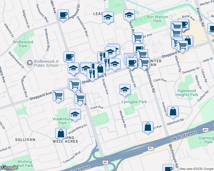 map of restaurants, bars, coffee shops, grocery stores, and more near 75 Aragon Avenue in Toronto
