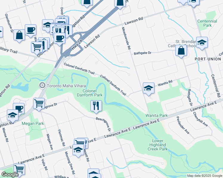 map of restaurants, bars, coffee shops, grocery stores, and more near 89 Colonel Danforth Trail in Toronto