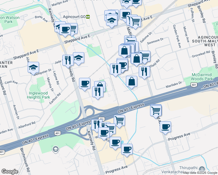 map of restaurants, bars, coffee shops, grocery stores, and more near 151 Village Green Square in Toronto