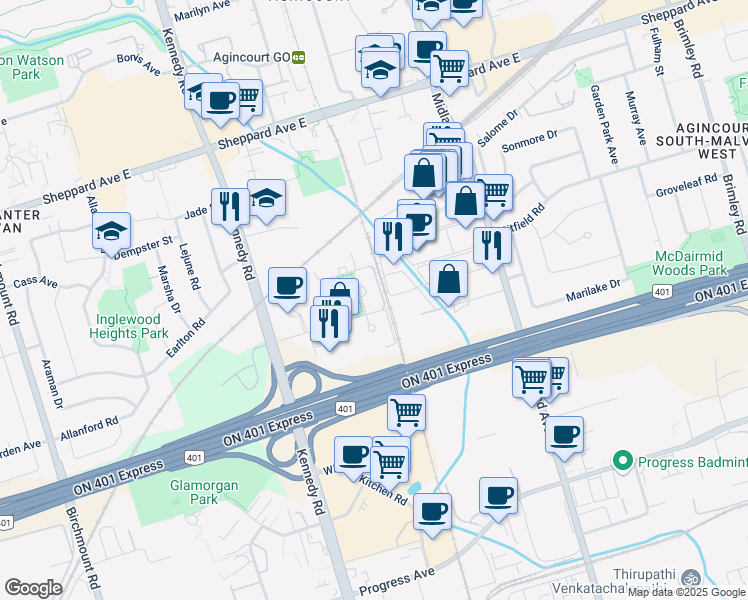 map of restaurants, bars, coffee shops, grocery stores, and more near in Toronto