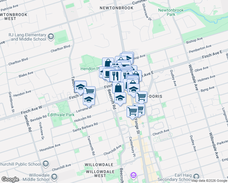map of restaurants, bars, coffee shops, grocery stores, and more near 509 Beecroft Road in Toronto
