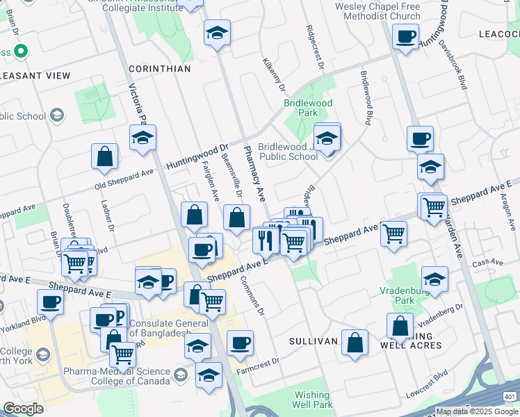 map of restaurants, bars, coffee shops, grocery stores, and more near 2026 Pharmacy Avenue in Toronto