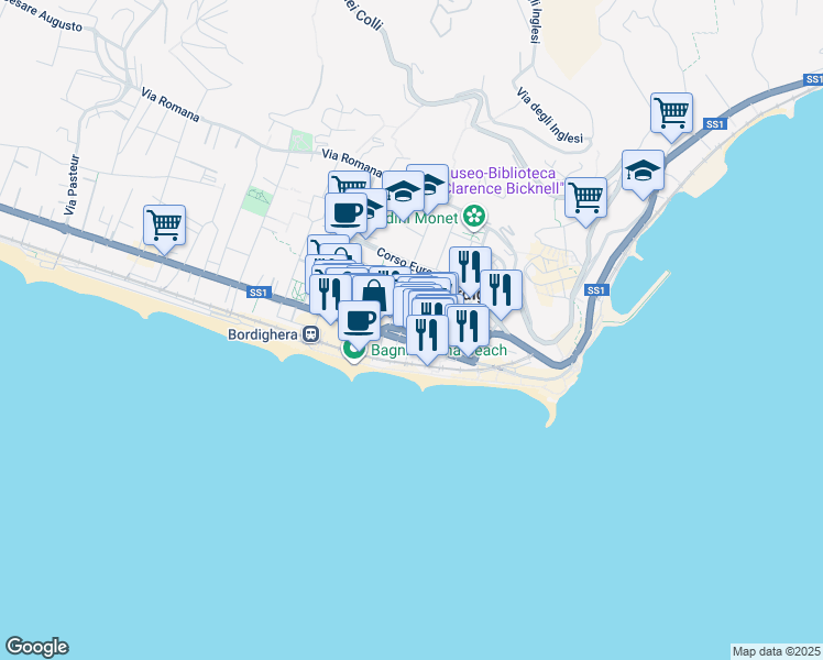 map of restaurants, bars, coffee shops, grocery stores, and more near 30 Via della Libertà in Bordighera