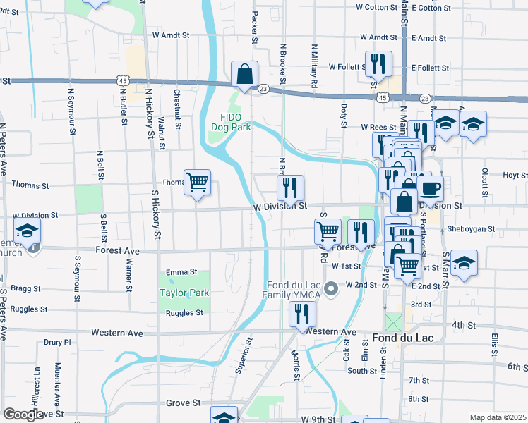 map of restaurants, bars, coffee shops, grocery stores, and more near 206 Taylor Street in Fond du Lac