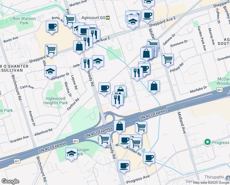 map of restaurants, bars, coffee shops, grocery stores, and more near in Toronto