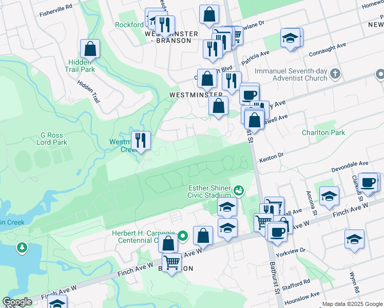 map of restaurants, bars, coffee shops, grocery stores, and more near in Toronto