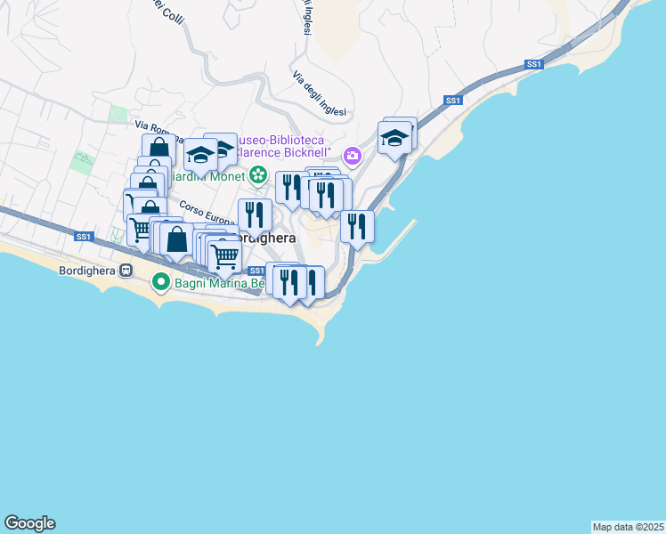 map of restaurants, bars, coffee shops, grocery stores, and more near Corso Francesco Rossi in Bordighera