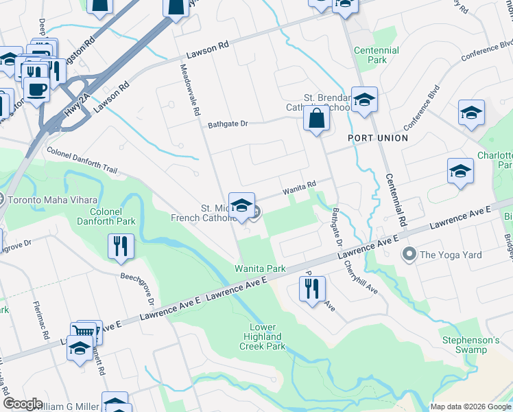 map of restaurants, bars, coffee shops, grocery stores, and more near 27 Wanita Road in Toronto