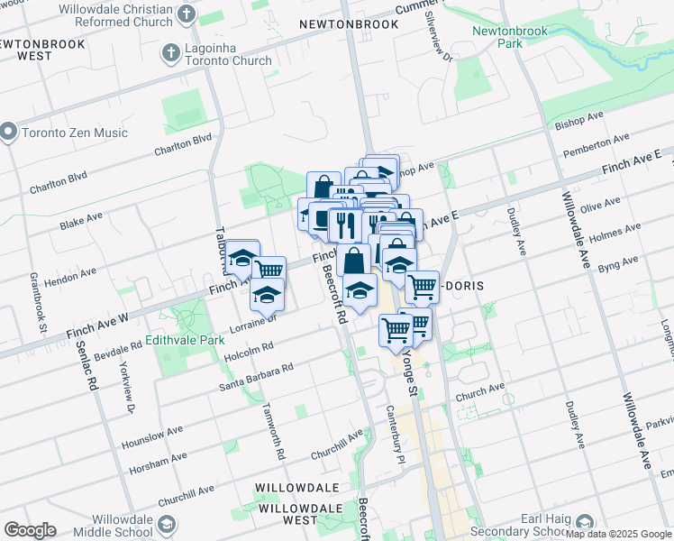 map of restaurants, bars, coffee shops, grocery stores, and more near 509 Beecroft Road in Toronto