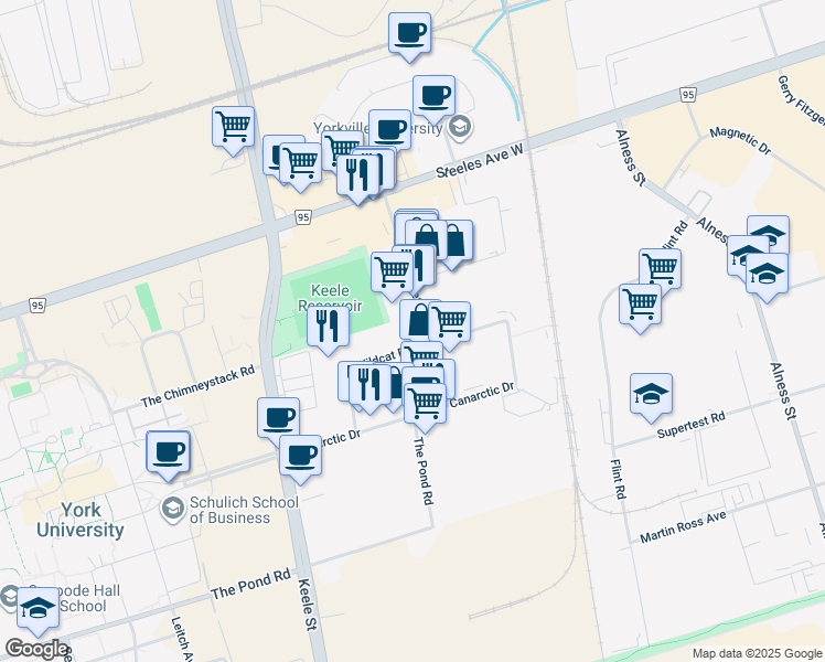 map of restaurants, bars, coffee shops, grocery stores, and more near in Toronto