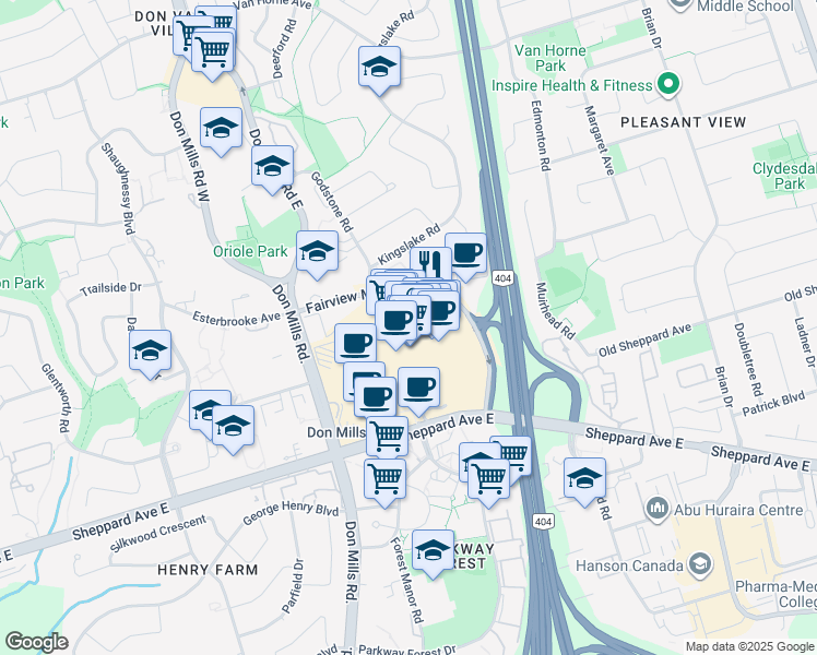 map of restaurants, bars, coffee shops, grocery stores, and more near 1800 Sheppard Avenue East in Toronto