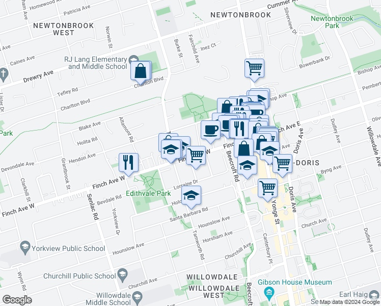 map of restaurants, bars, coffee shops, grocery stores, and more near 66K Finch Avenue West in Toronto