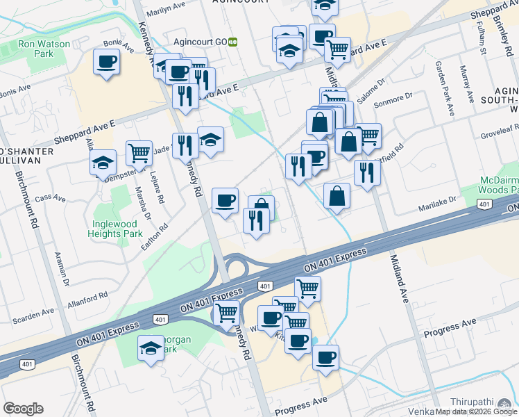 map of restaurants, bars, coffee shops, grocery stores, and more near 310 Village Green Square in Toronto